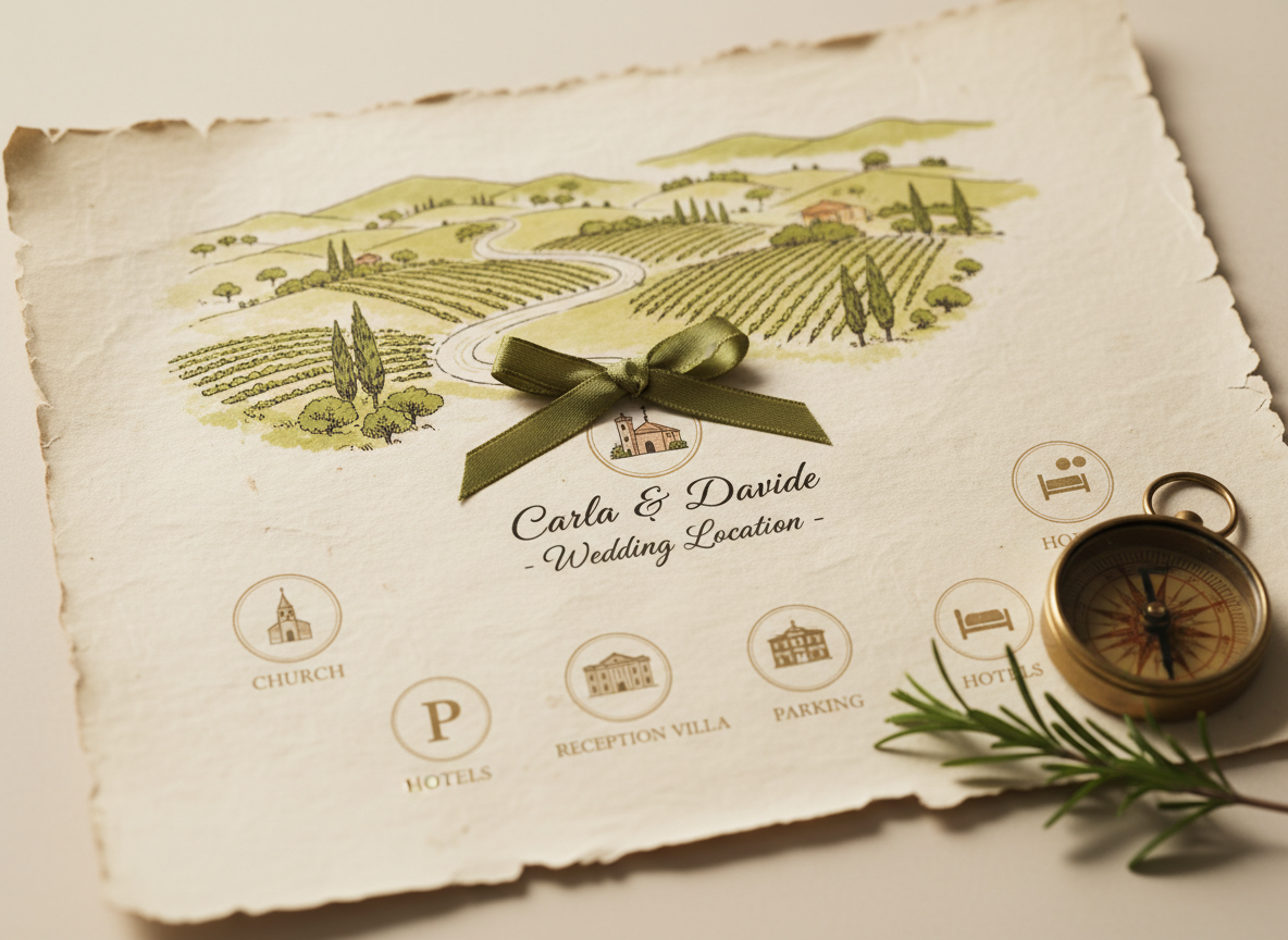 A detailed close-up of a classic Italian countryside map printed on slightly worn, textured parchment-style paper, with a delicate olive-green ribbon marking the wedding location of Carla and Davide. Around the map, small illustrated icons indicate the church, reception villa, parking, and nearby hotels. A tiny compass and a sprig of rosemary rest on the map’s corner, adding rustic charm. Gentle, diffused daylight illuminates the scene from above, enhancing the paper’s texture and the muted earth-tone colors. Photographic realism, captured at a slight angle with selective focus on the wedding location, evoking practicality, adventure, and a sense of journey for guests seeking information.