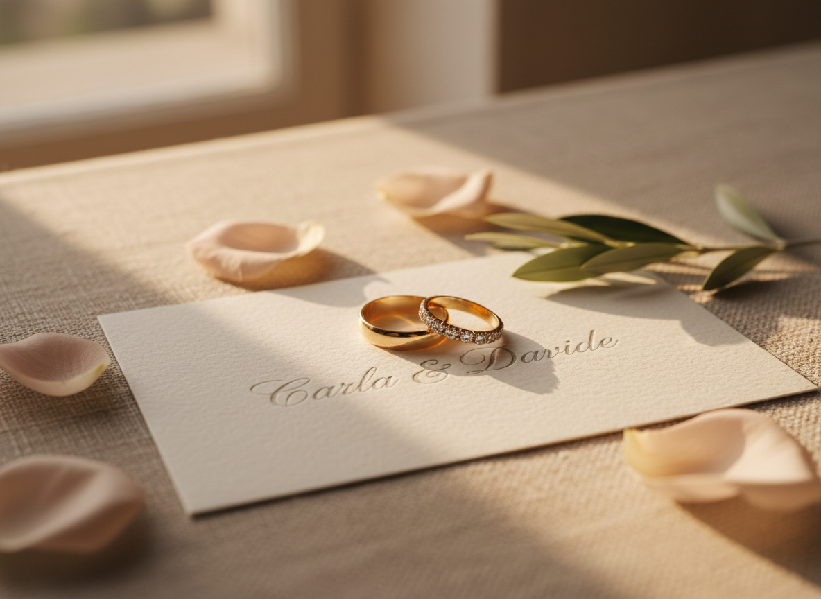 A pair of elegant wedding rings, one simple polished gold band and one delicate diamond-studded ring, resting on a soft ivory invitation card embossed with the names “Carla & Davide” in flowing calligraphy. The card lies on a natural linen tablecloth beside a few scattered pale pink rose petals and a sprig of olive leaves. Warm late-afternoon sunlight filters in from the side, creating gentle highlights on the metal and subtle shadows along the paper’s textured surface. Photographic realism, shot at eye level with a shallow depth of field so the rings and names are in sharp focus while the background fades into a soft, romantic blur, conveying intimacy and anticipation.