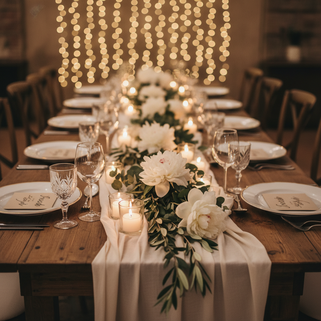 A beautifully set wedding reception table for Carla and Davide, featuring a long rustic wooden table with an off-white linen runner, crystal glasses, simple white ceramic plates with gold rims, and handwritten name cards labeled “Invito” and “RSVP”. In the center, low arrangements of white peonies, eucalyptus, and olive branches create a lush yet minimalist look. Dozens of tiny candles in clear glass holders cast a warm, flickering glow, complemented by soft string lights in the blurred background. Photographic realism, captured from a slightly elevated angle, with a calm, welcoming atmosphere ideal for a romantic Italian wedding celebration.