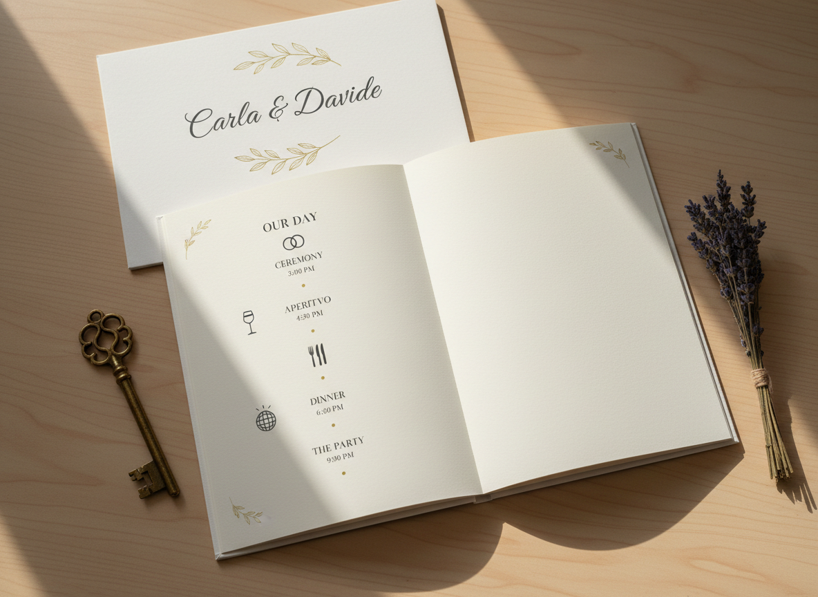 An open hardcover wedding program booklet for Carla and Davide, printed on thick, matte cream paper with elegant dark gray typography and subtle gold flourishes. The visible page shows a clean timeline of the day’s events, with small minimalist icons for the ceremony, aperitivo, dinner, and party. The booklet rests on a smooth wooden surface beside a vintage brass key and a small bundle of dried lavender. Soft morning light from a nearby window washes over the scene, creating delicate shadows along the pages. Photographic realism, shot from directly above with sharp focus and a serene, organized mood that suggests clarity and thoughtful planning.